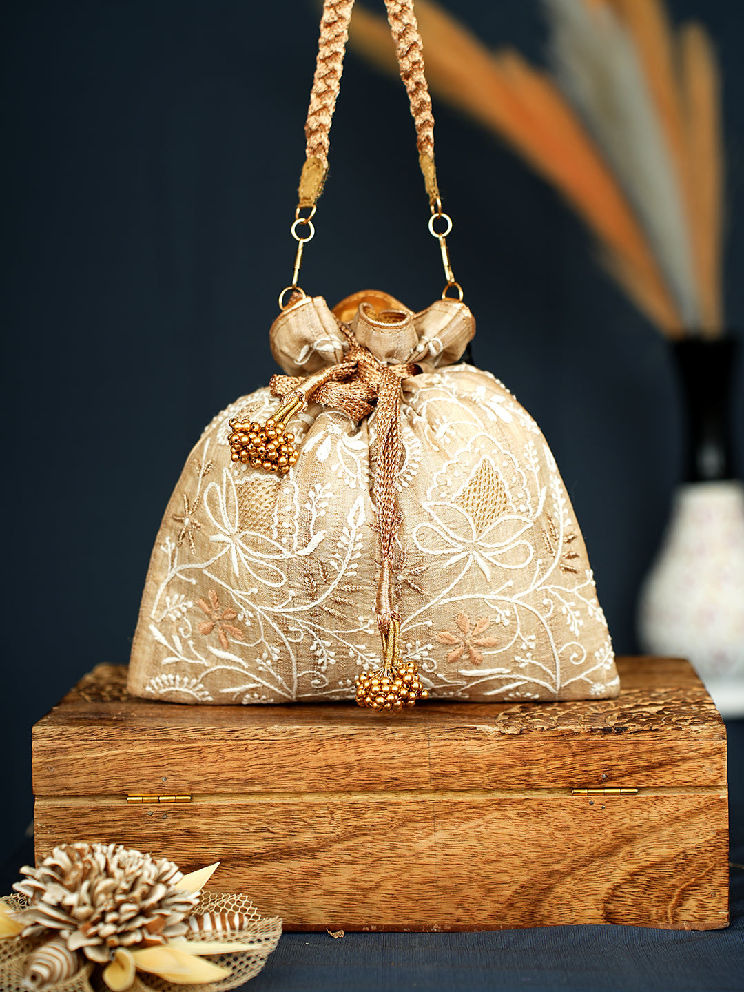 Ada Hand Embroidered Fawn Silk Lucknowi Chikankari Potli Bag With Zari Work 01A1006896