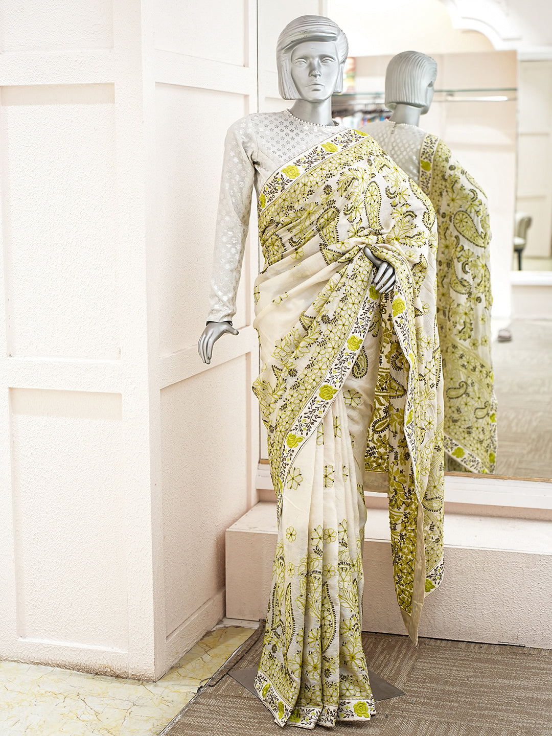Ada Hand Embroidered Fawn Silk Lucknowi Chikankari Saree and Blouse 01A987821