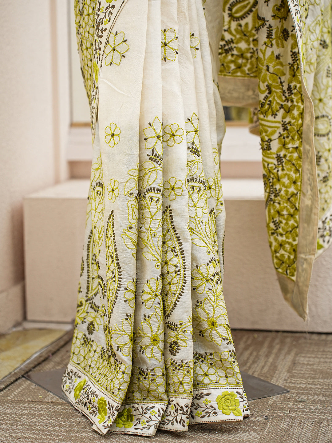 Ada Hand Embroidered Fawn Silk Lucknowi Chikankari Saree and Blouse 01A987821