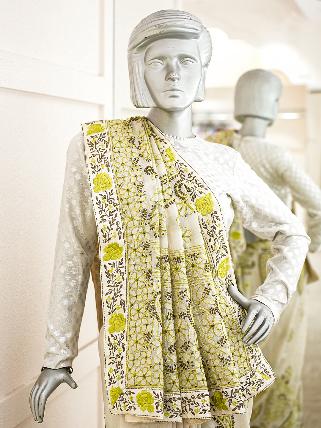 Ada Hand Embroidered Fawn Silk Lucknowi Chikankari Saree and Blouse 01A987821