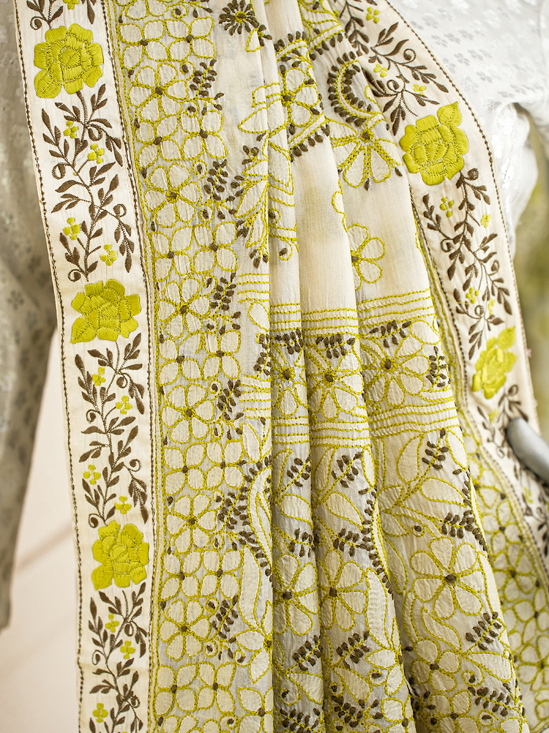 Ada Hand Embroidered Fawn Silk Lucknowi Chikankari Saree and Blouse 01A987821