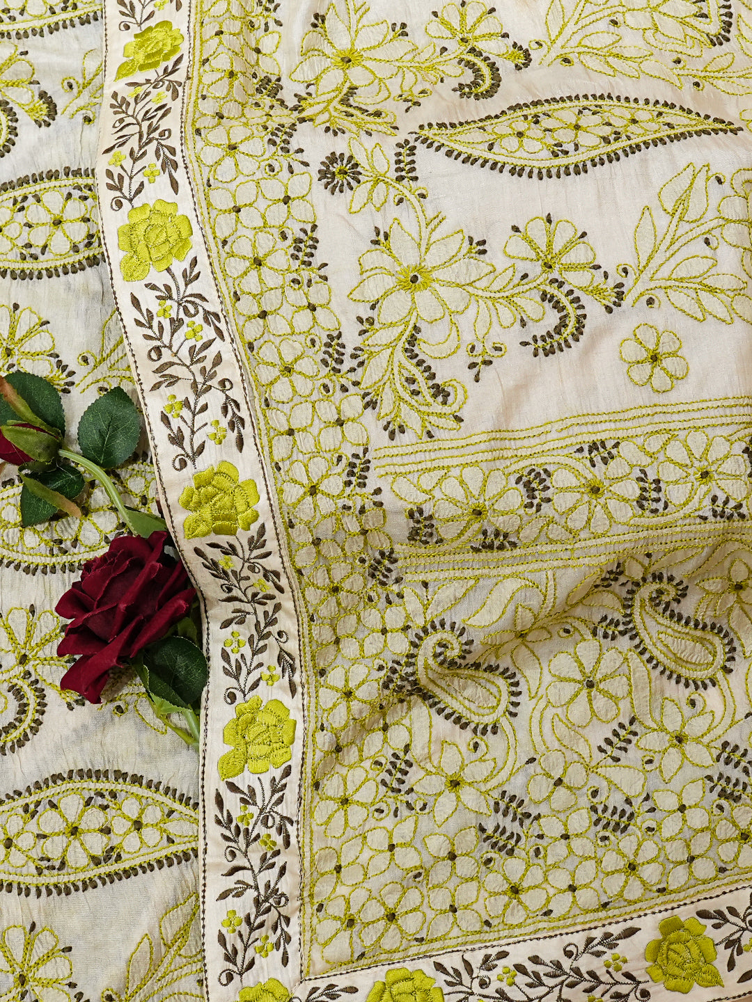 Ada Hand Embroidered Fawn Silk Lucknowi Chikankari Saree and Blouse 01A987821