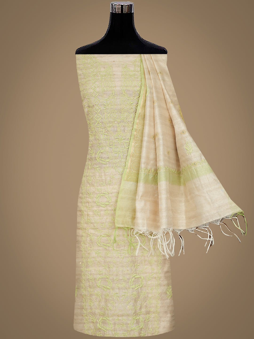 Ada Hand Embroidered Fawn Silk Lucknowi Chikankari Unstitched Kurta Dupatta Set 01A987082