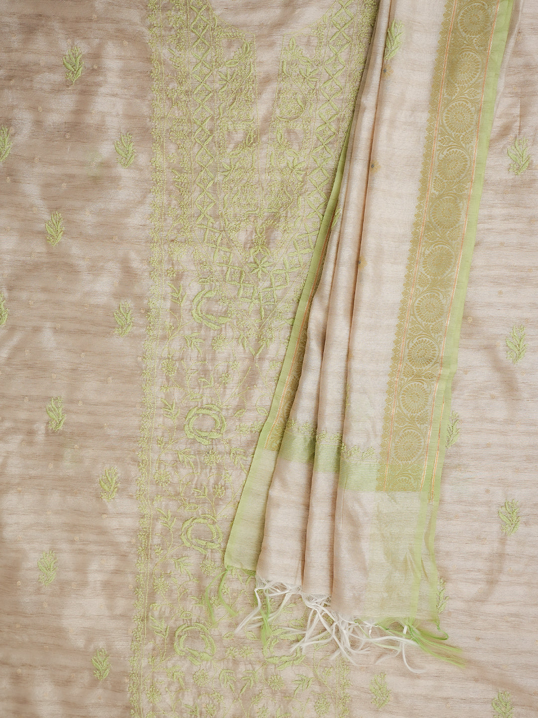 Ada Hand Embroidered Fawn Silk Lucknowi Chikankari Unstitched Kurta Dupatta Set 01A987082