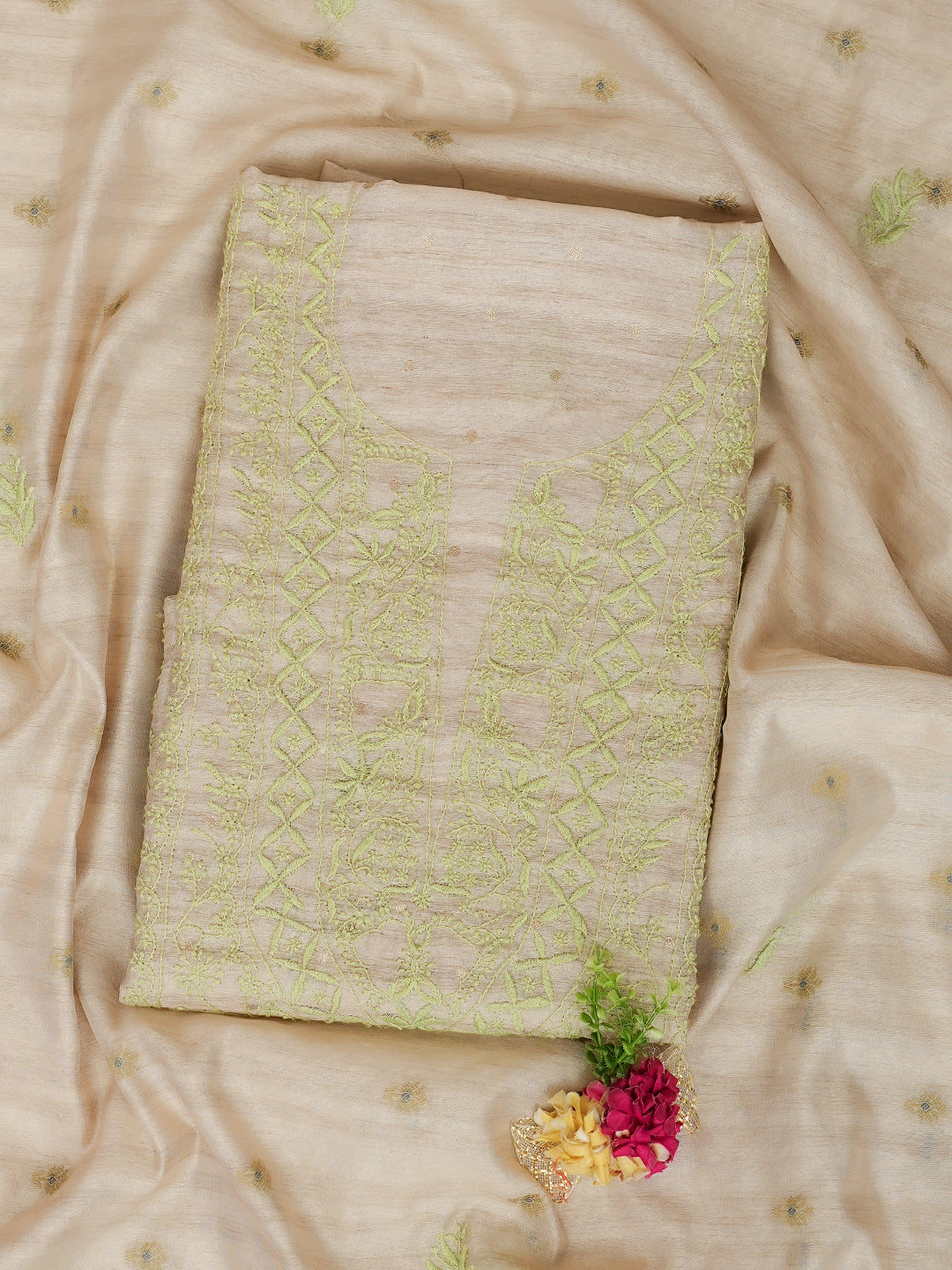 Ada Hand Embroidered Fawn Silk Lucknowi Chikankari Unstitched Kurta Dupatta Set 01A987082