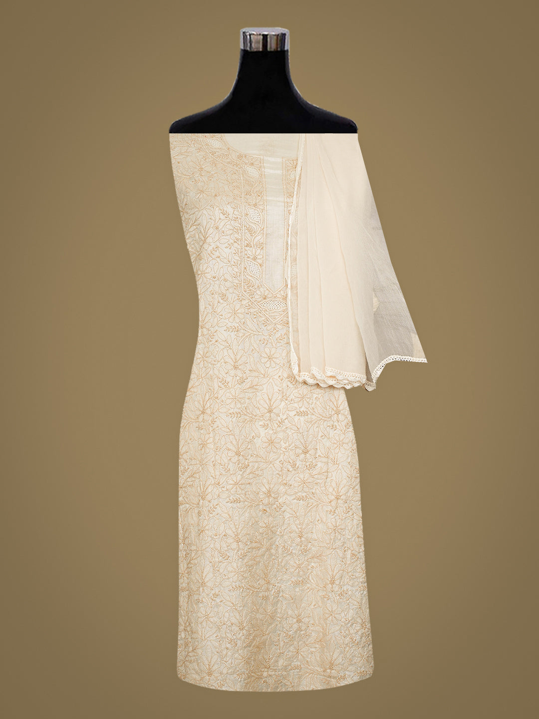 Ada Hand Embroidered Fawn Silk Lucknowi Chikankari Unstitched Suit Piece 01A965326