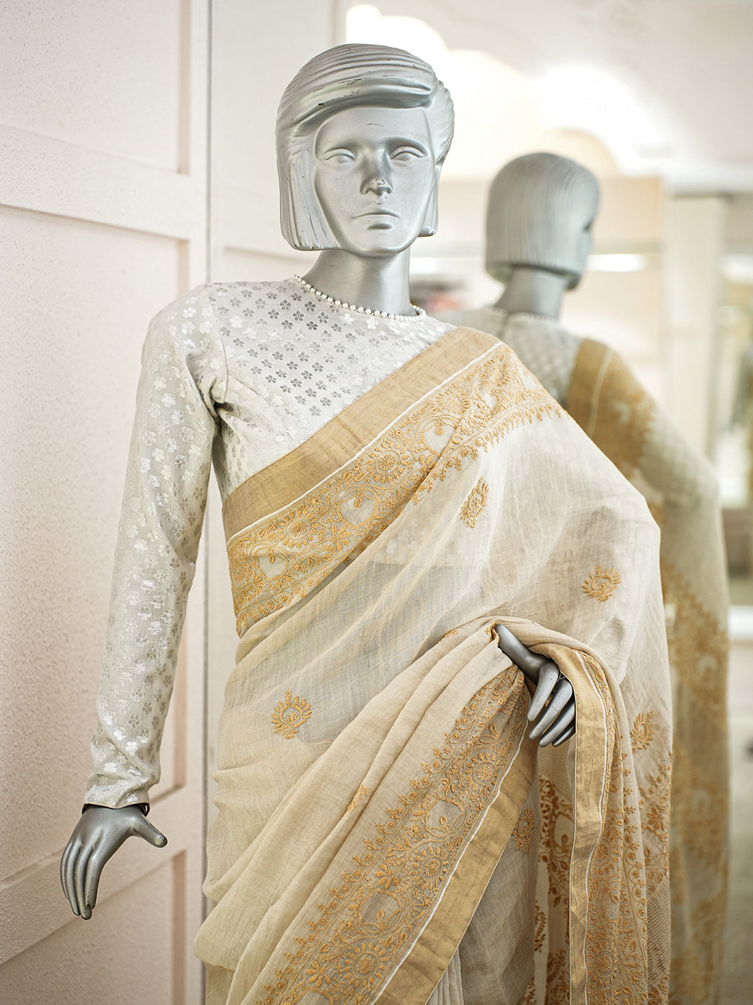 Ada Hand Embroidered Fawn Tissue Lucknowi Chikankari Saree and Blouse 01A749335
