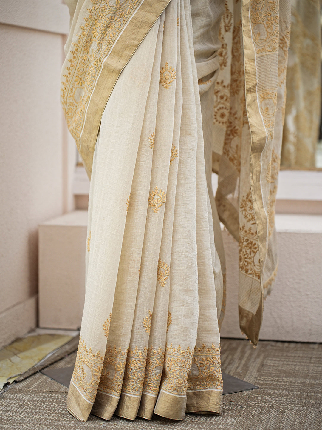 Ada Hand Embroidered Fawn Tissue Lucknowi Chikankari Saree and Blouse 01A749335
