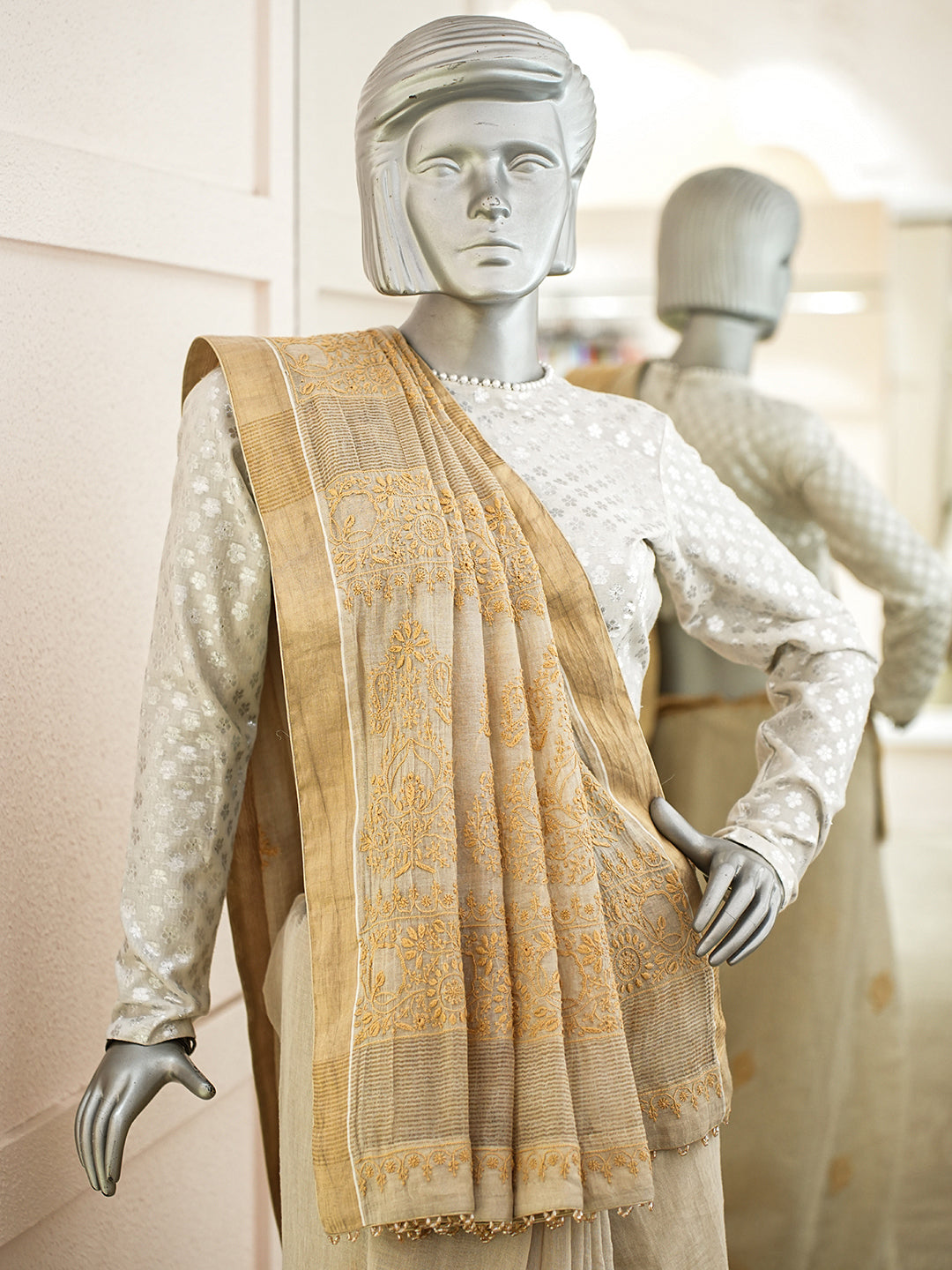 Ada Hand Embroidered Fawn Tissue Lucknowi Chikankari Saree and Blouse 01A749335