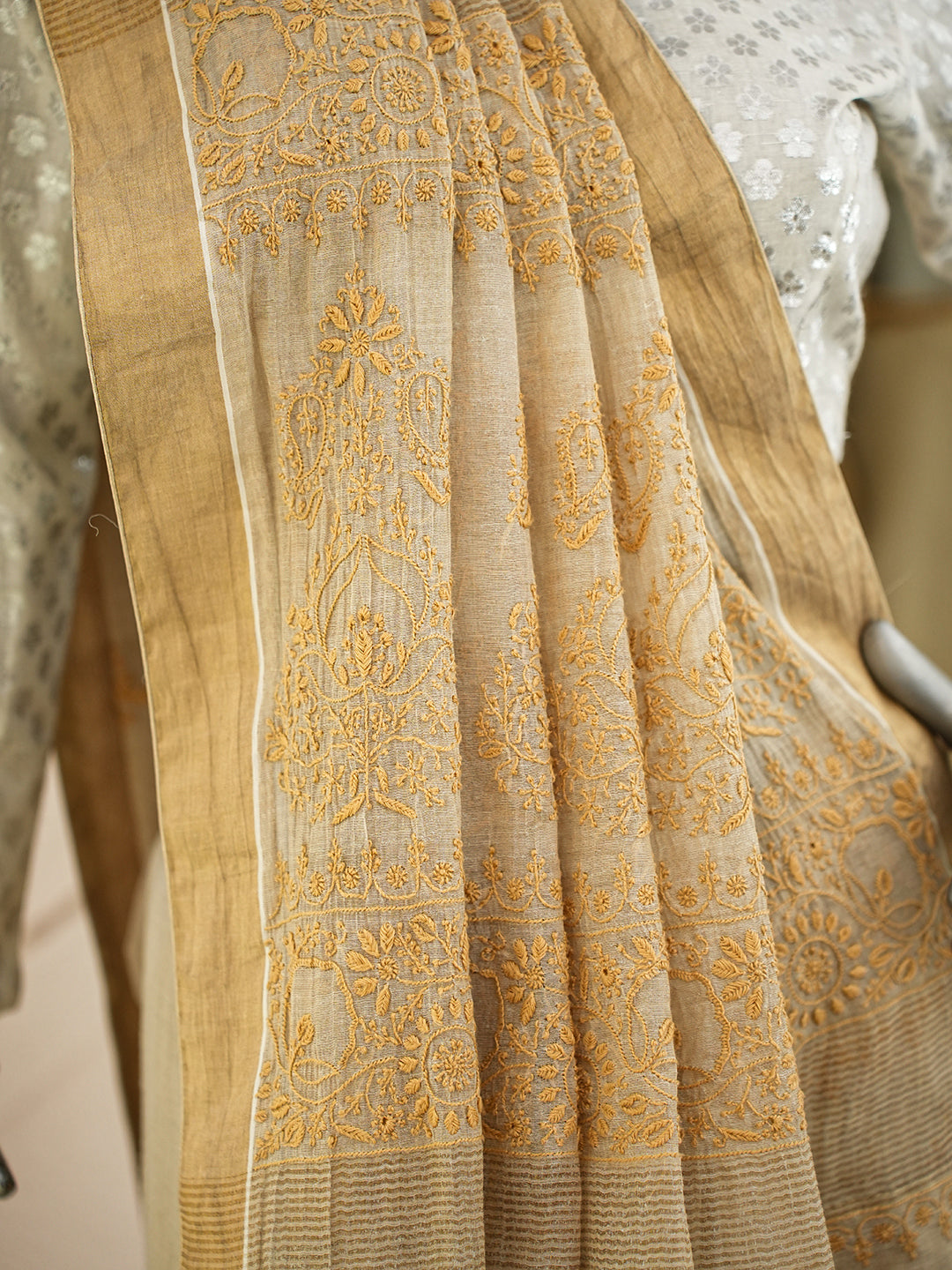 Ada Hand Embroidered Fawn Tissue Lucknowi Chikankari Saree and Blouse 01A749335