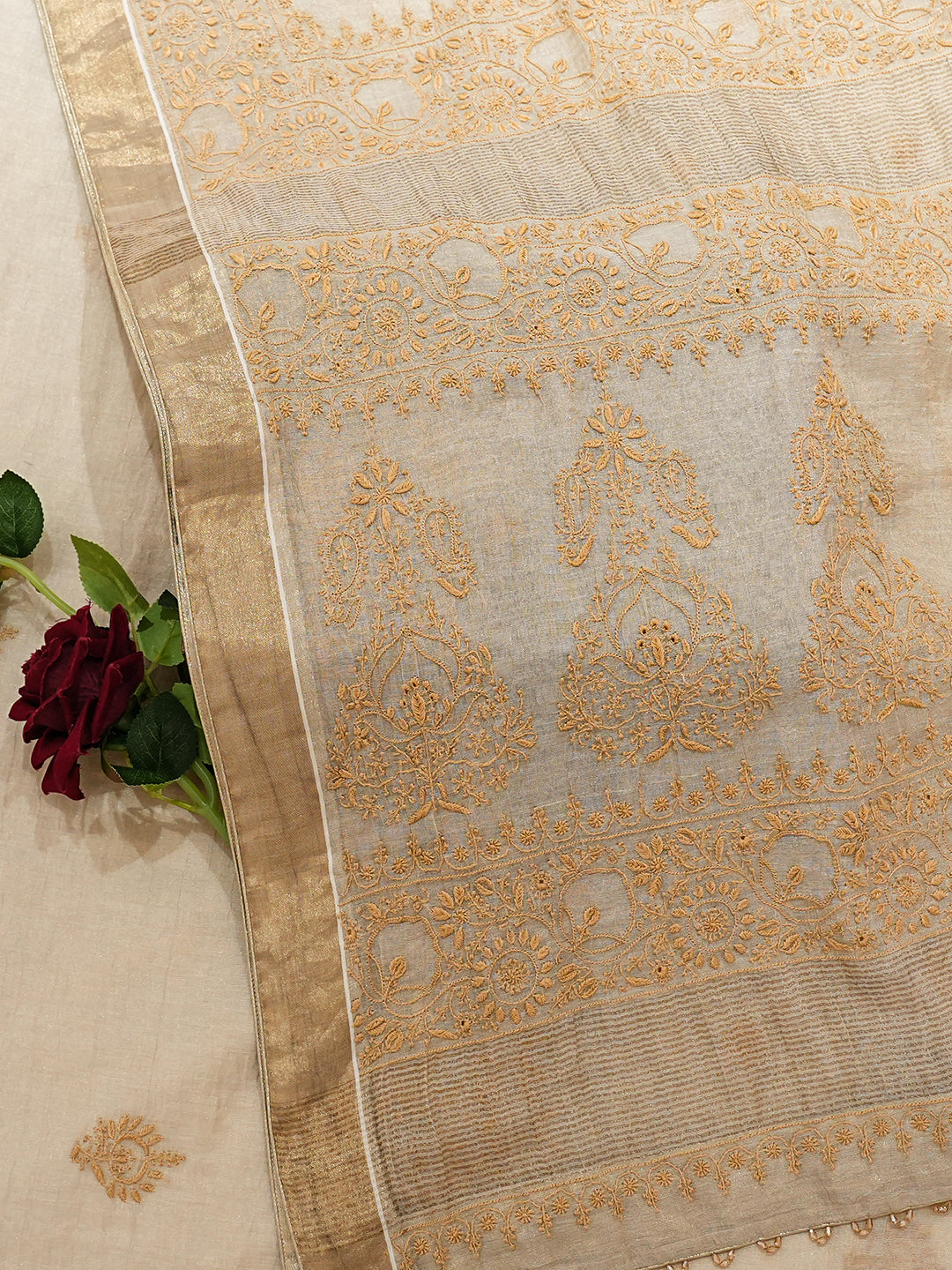 Ada Hand Embroidered Fawn Tissue Lucknowi Chikankari Saree and Blouse 01A749335