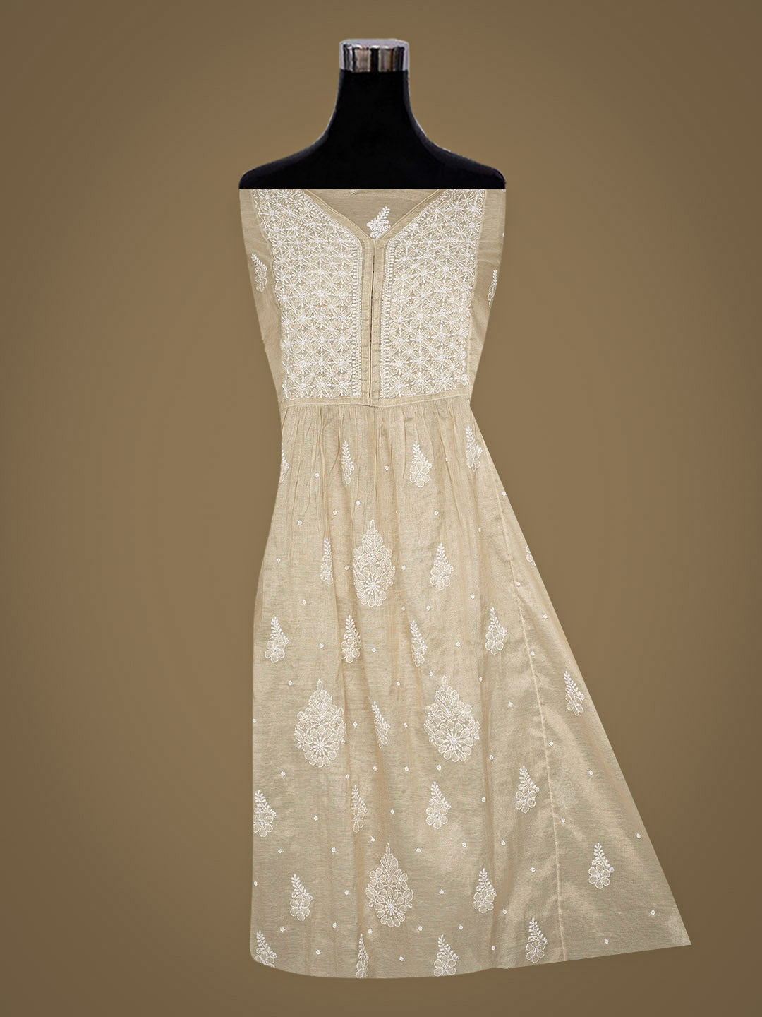 Ada Hand Embroidered Fawn Tissue Lucknowi Chikankari Semi-Stitched A-Line Kurta Dupatta Set With Cutdana Work 01A988107