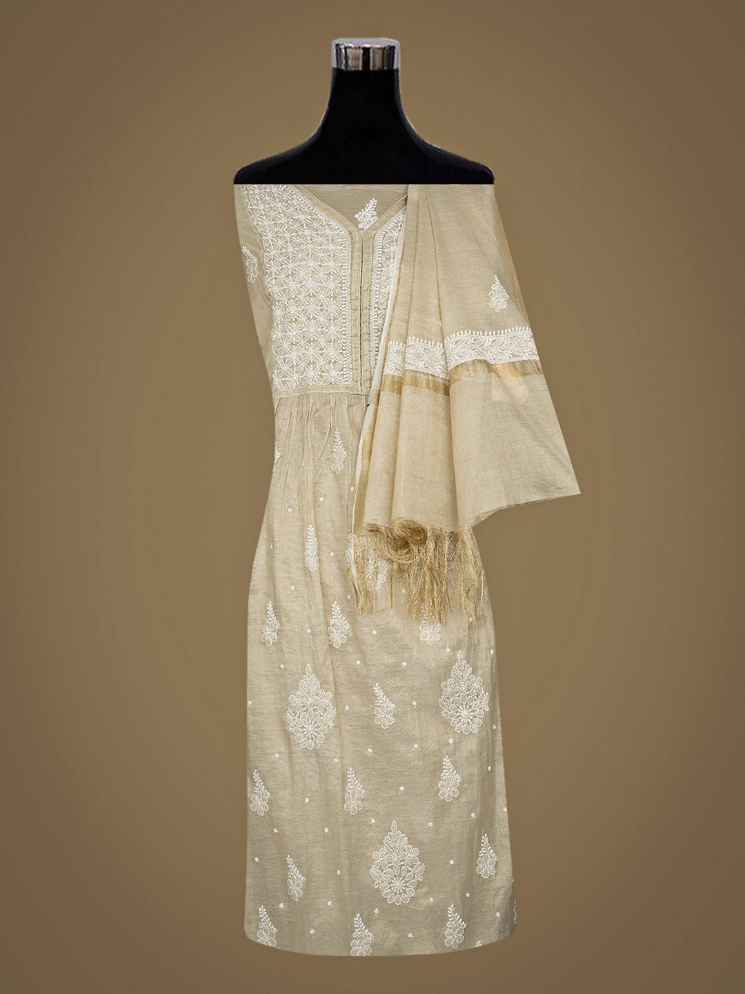 Ada Hand Embroidered Fawn Tissue Lucknowi Chikankari Semi-Stitched A-Line Kurta Dupatta Set With Cutdana Work 01A988107
