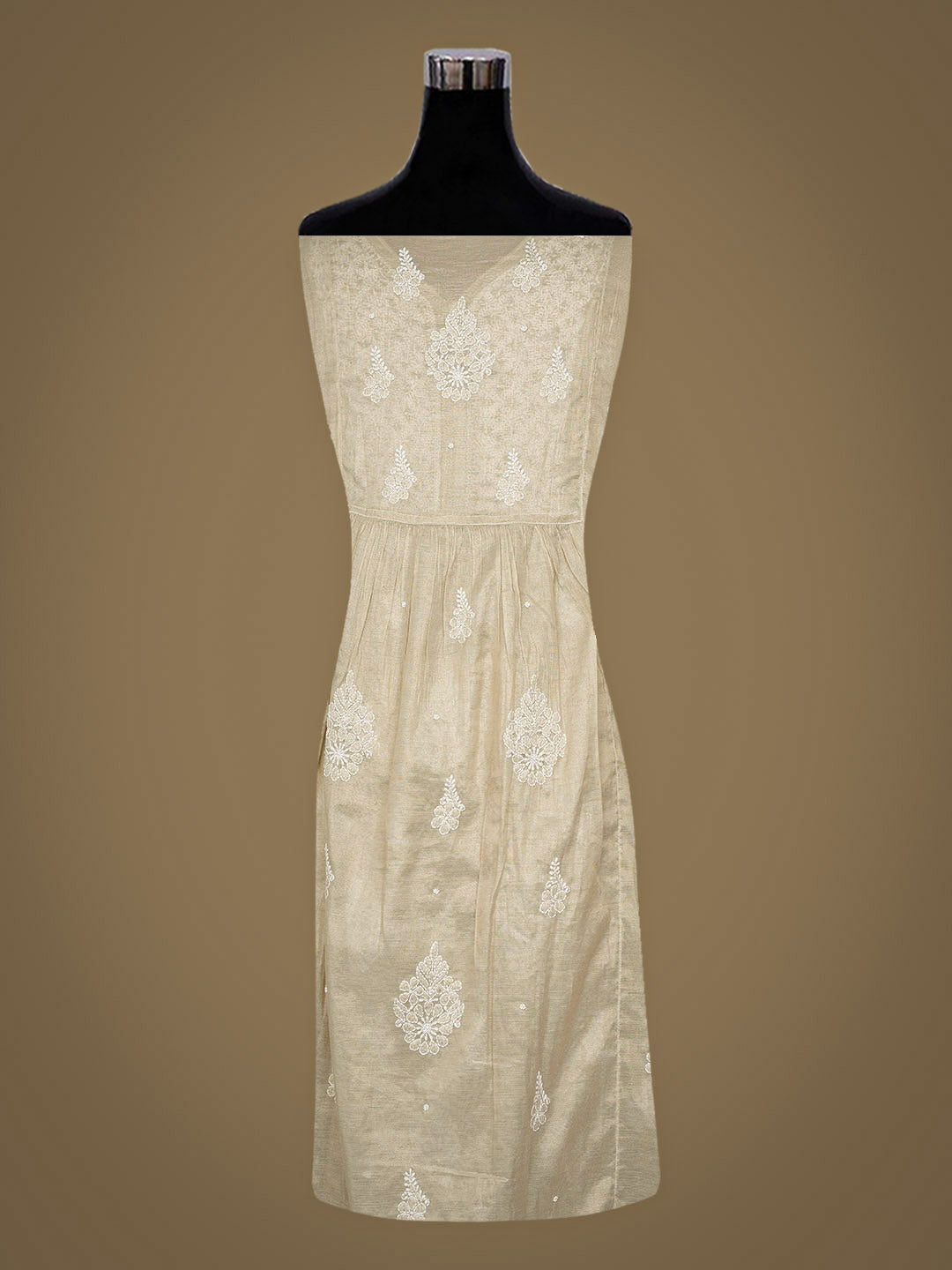 Ada Hand Embroidered Fawn Tissue Lucknowi Chikankari Semi-Stitched A-Line Kurta Dupatta Set With Cutdana Work 01A988107