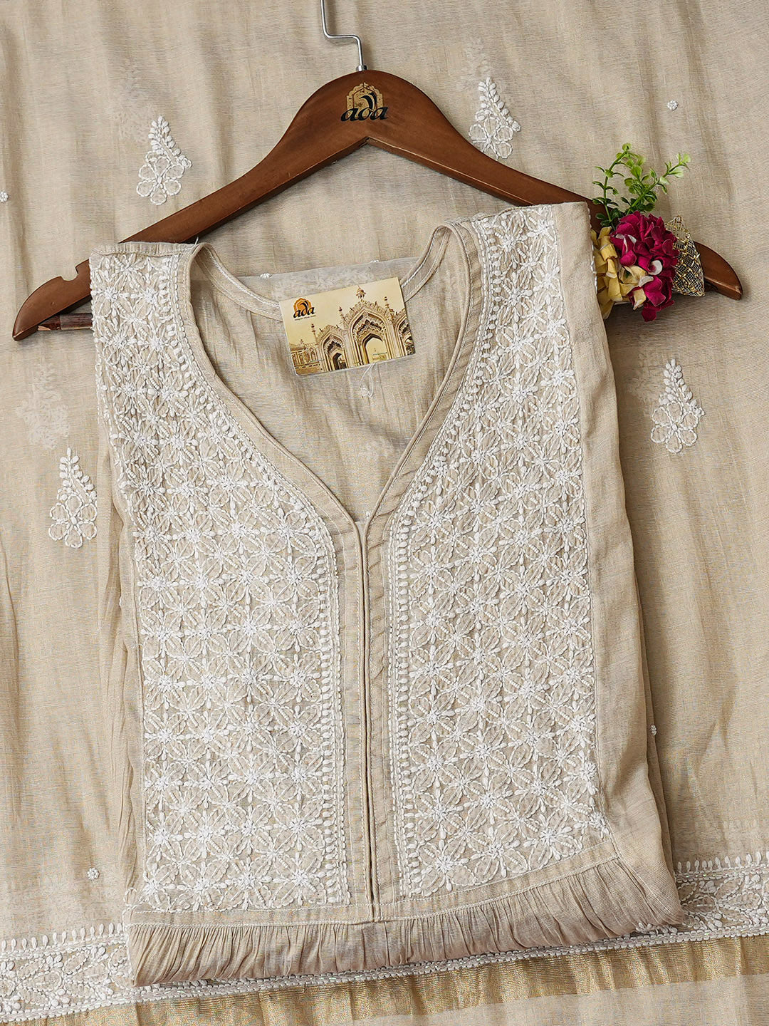 Ada Hand Embroidered Fawn Tissue Lucknowi Chikankari Semi-Stitched A-Line Kurta Dupatta Set With Cutdana Work 01A988107