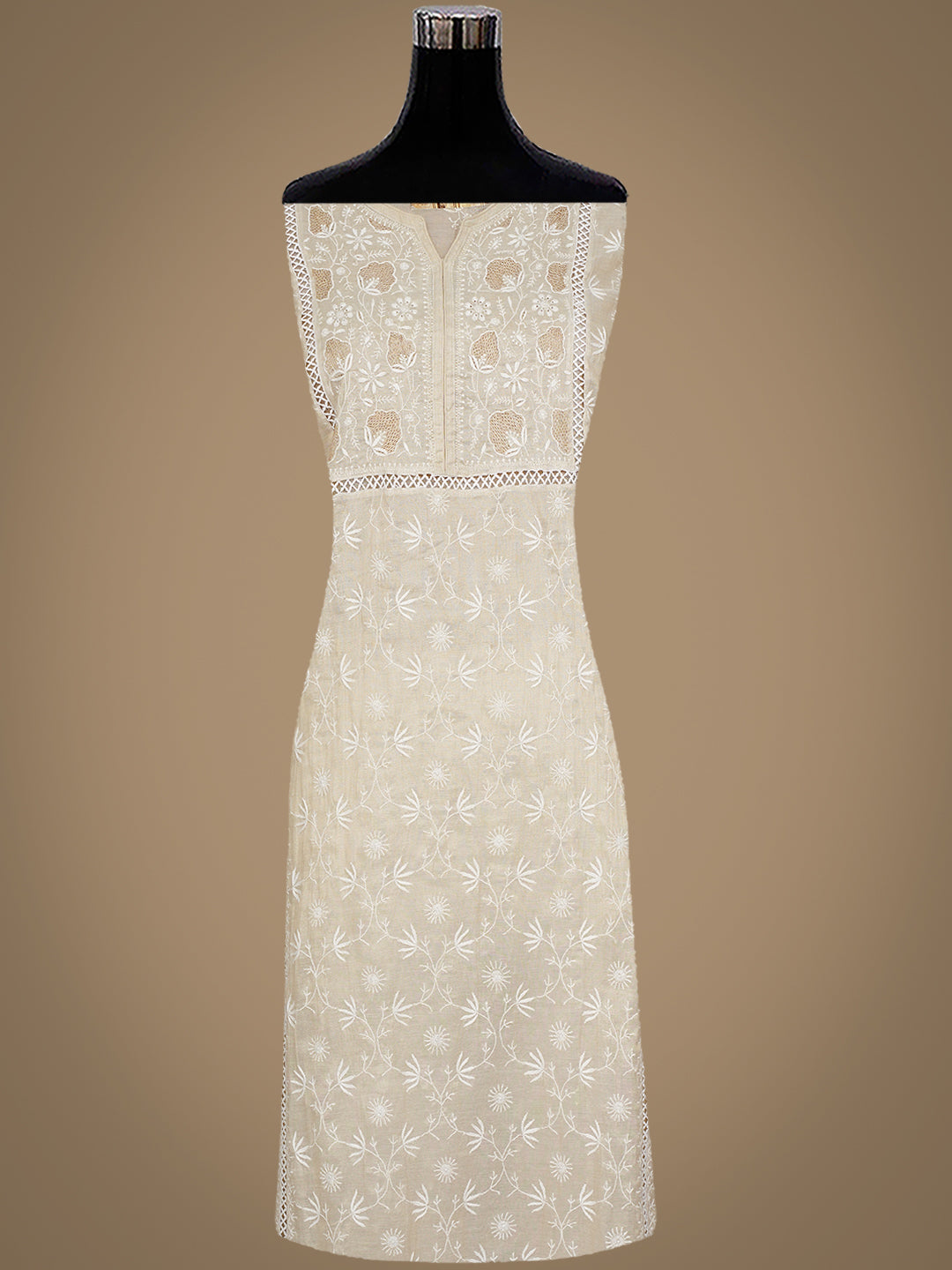 Ada Hand Embroidered Fawn Tissue Lucknowi Chikankari Semi-Stitched Kurta Dupatta set 07A500204