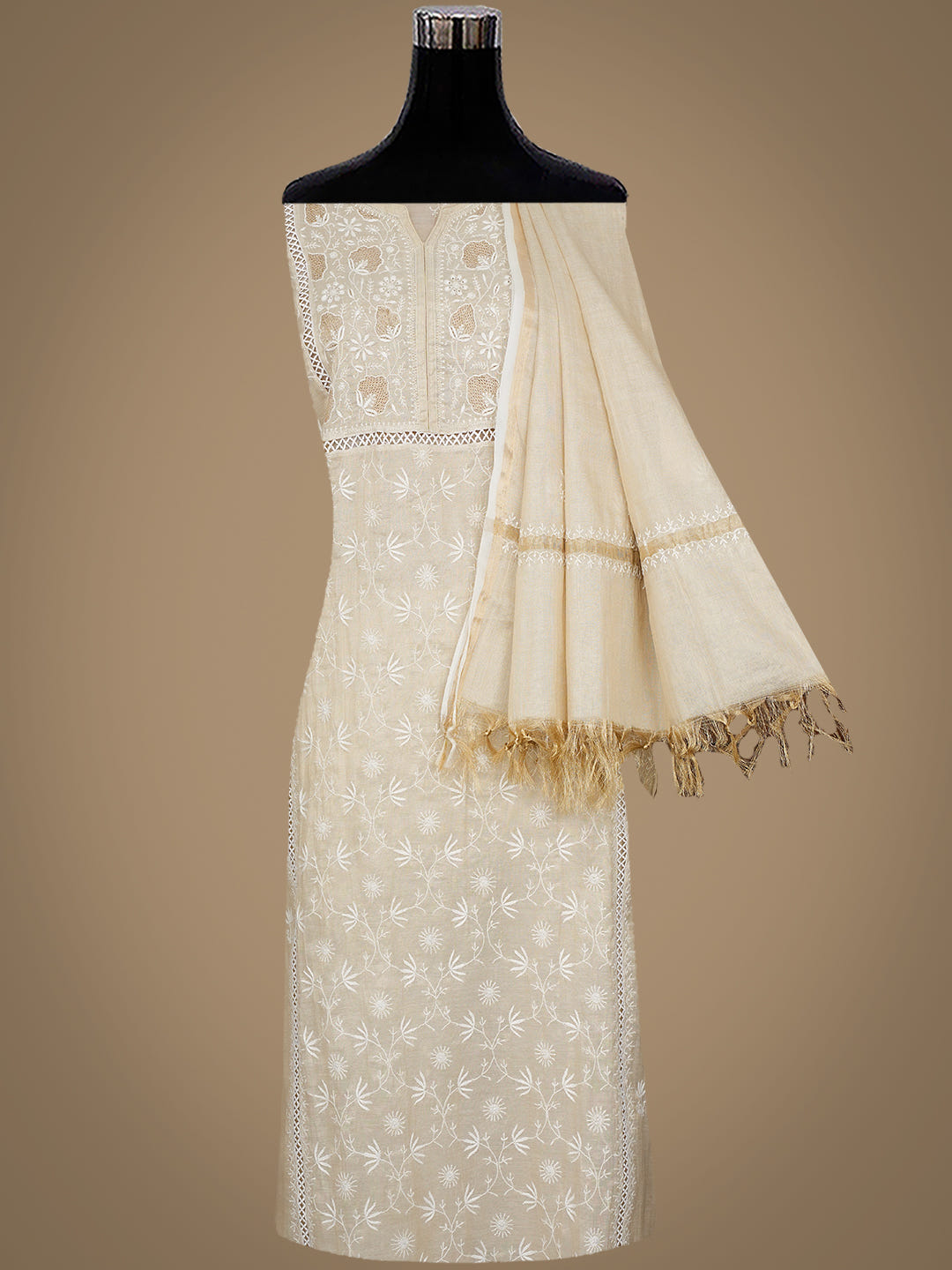 Ada Hand Embroidered Fawn Tissue Lucknowi Chikankari Semi-Stitched Kurta Dupatta Set 07A500204