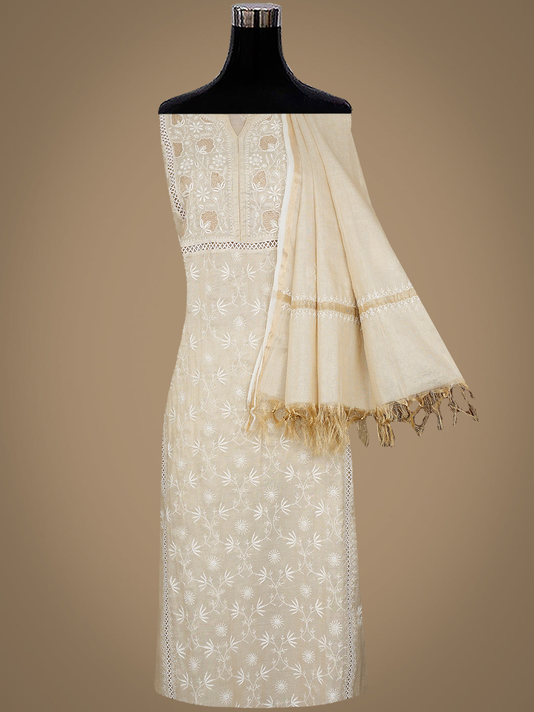 Ada Hand Embroidered Fawn Tissue Lucknowi Chikankari Semi-Stitched Kurta Dupatta set 07A500204