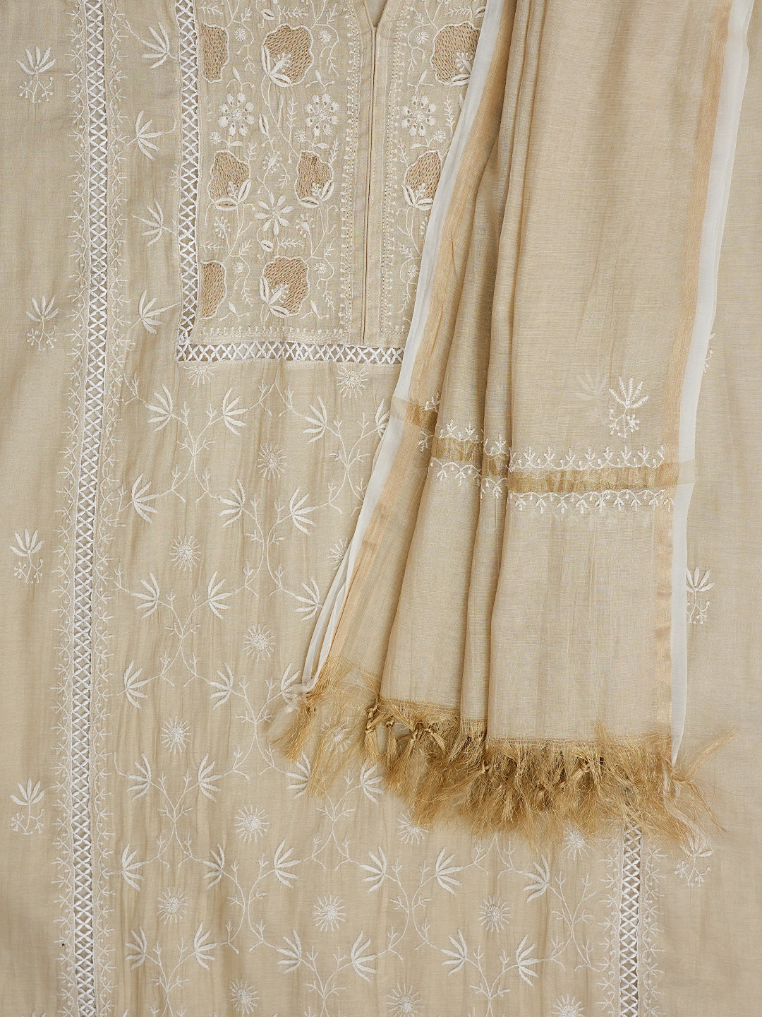 Ada Hand Embroidered Fawn Tissue Lucknowi Chikankari Unstitched Kurta Dupatta set with Pearl & Cutdana Work 01A990614