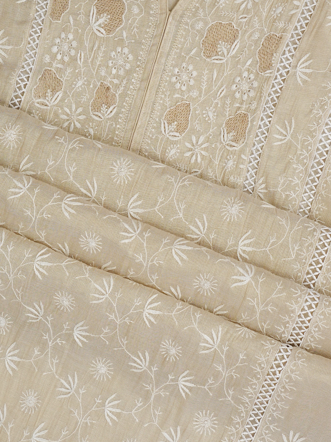 Ada Hand Embroidered Fawn Tissue Lucknowi Chikankari Semi-Stitched Kurta Dupatta Set 07A500204