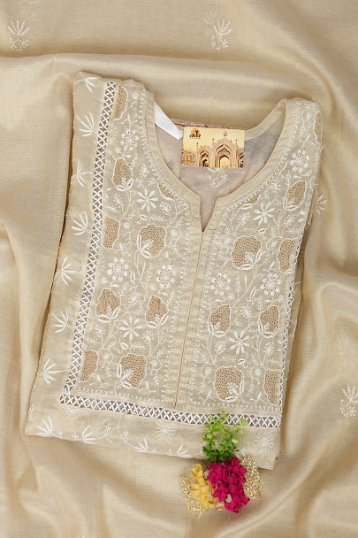 Ada Hand Embroidered Fawn Tissue Lucknowi Chikankari Semi-Stitched Kurta Dupatta set 07A500204