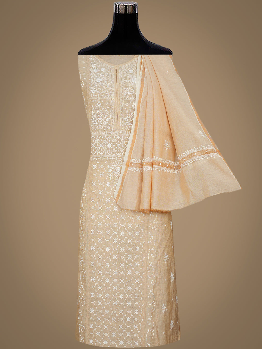 Ada Hand Embroidered Fawn Tissue Lucknowi Chikankari Semi-Stitched Kurta Dupatta set with Pearl Work 01A976385