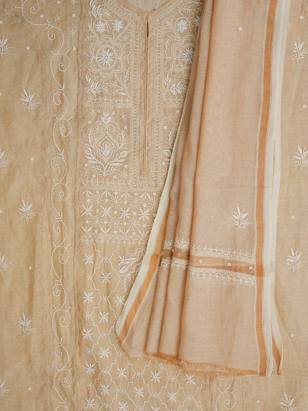 Ada Hand Embroidered Fawn Tissue Lucknowi Chikankari Semi-Stitched Kurta Dupatta set with Pearl Work 01A976385