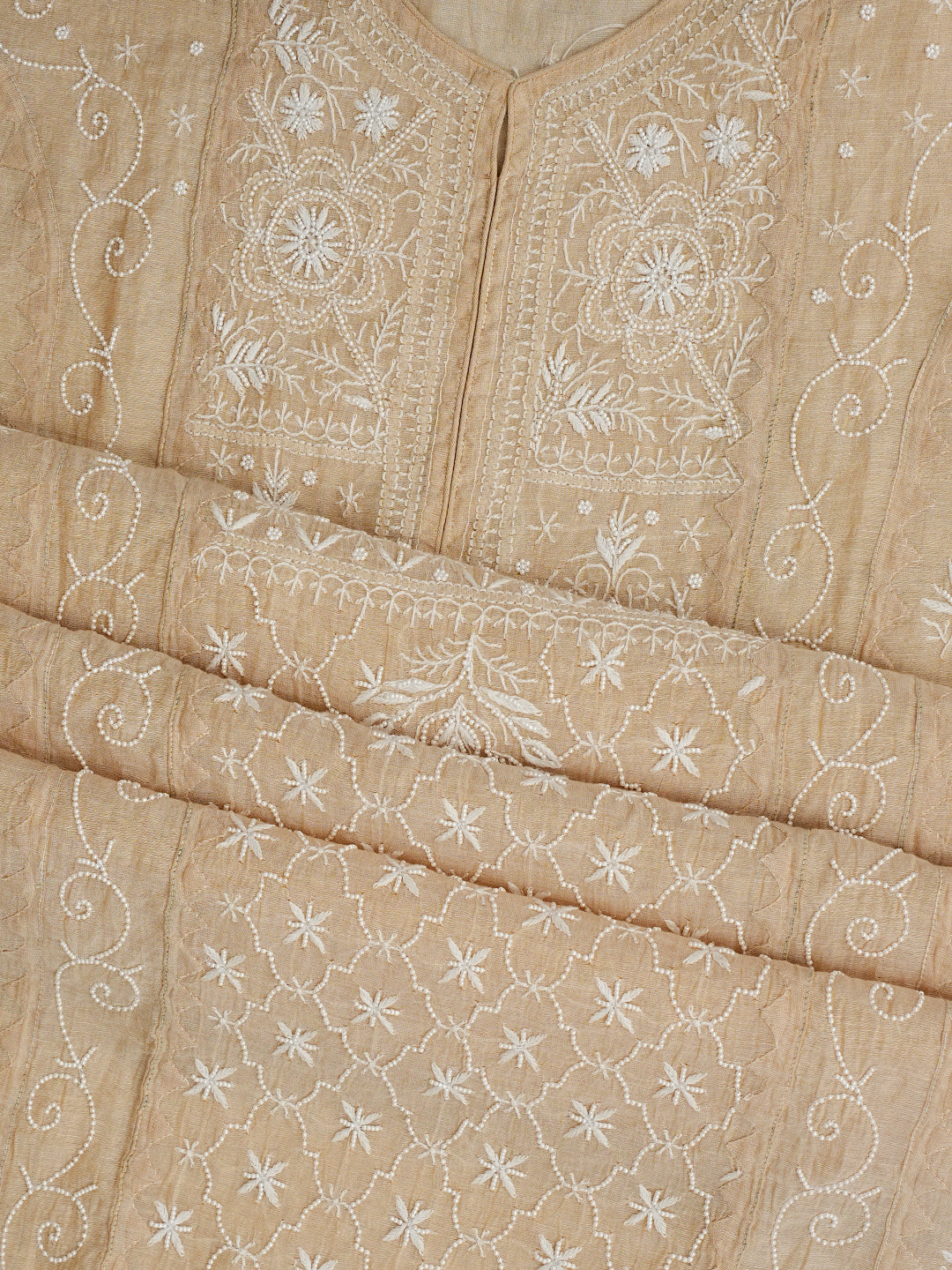 Ada Hand Embroidered Fawn Tissue Lucknowi Chikankari Semi-Stitched Kurta Dupatta set with Pearl Work 01A976385