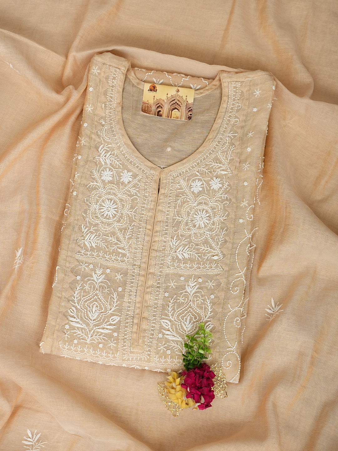 Ada Hand Embroidered Fawn Tissue Lucknowi Chikankari Semi-Stitched Kurta Dupatta set with Pearl Work 01A976385