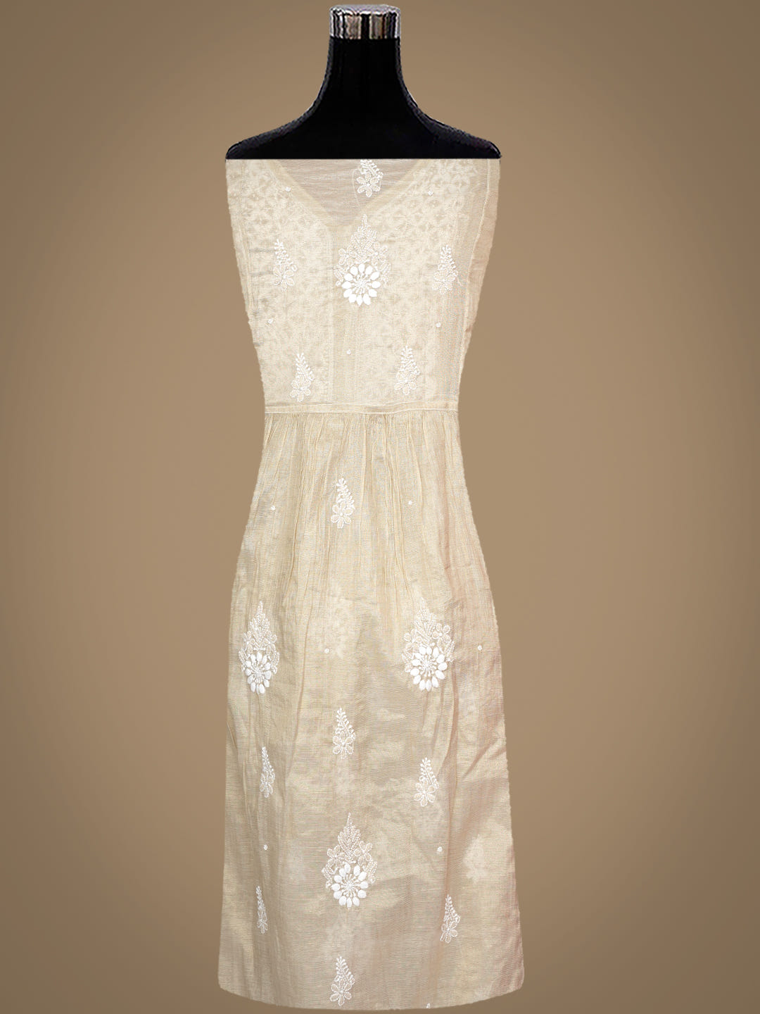 Ada Hand Embroidered Fawn Tissue Lucknowi Chikankari Semi-Stitched Kurta Dupatta set with Pearl & Cutdana Work 01A990614