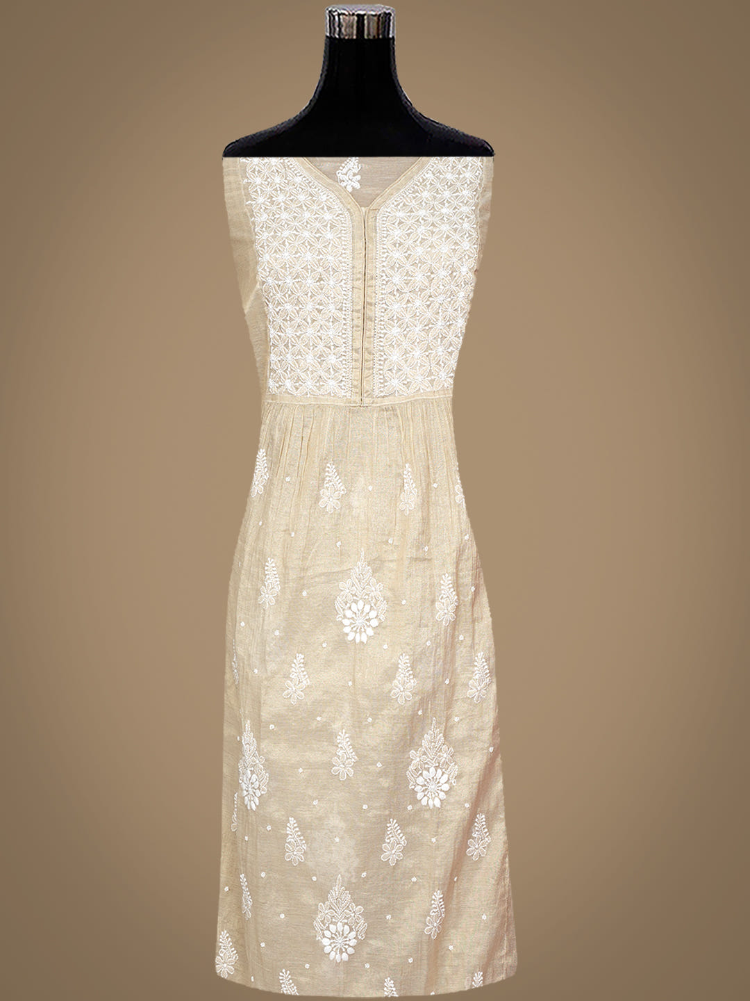 Ada Hand Embroidered Fawn Tissue Lucknowi Chikankari Semi-Stitched Kurta Dupatta set with Pearl & Cutdana Work 01A990614