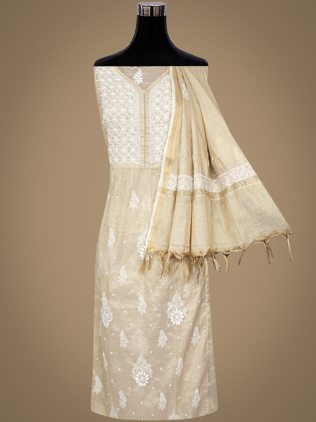 Ada Hand Embroidered Fawn Tissue Lucknowi Chikankari Semi-Stitched Kurta Dupatta set with Pearl & Cutdana Work 01A990614