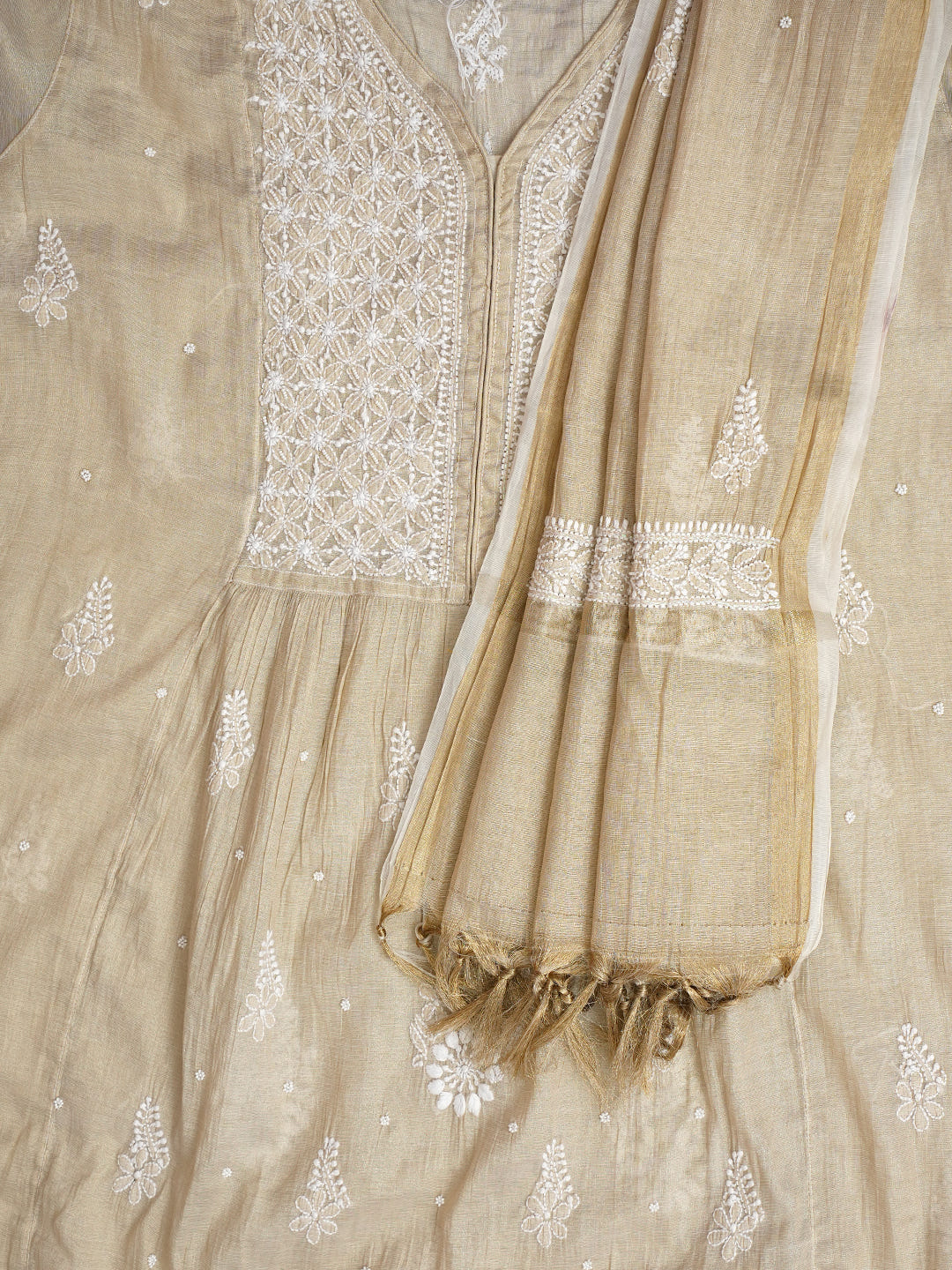 Ada Hand Embroidered Fawn Tissue Lucknowi Chikankari Semi-Stitched Kurta Dupatta set with Pearl & Cutdana Work 01A990614