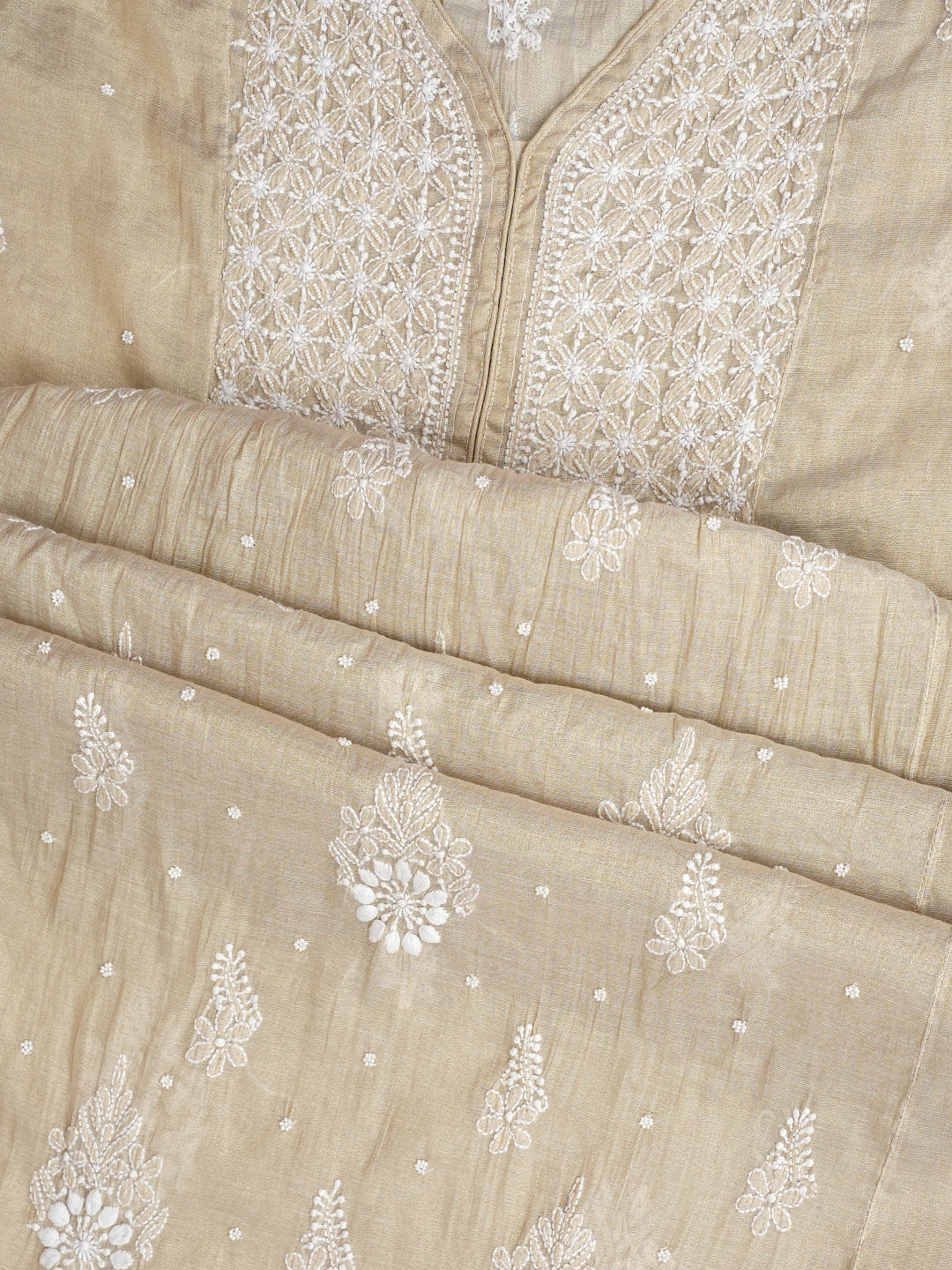 Ada Hand Embroidered Fawn Tissue Lucknowi Chikankari Semi-Stitched Kurta Dupatta set with Pearl & Cutdana Work 01A990614