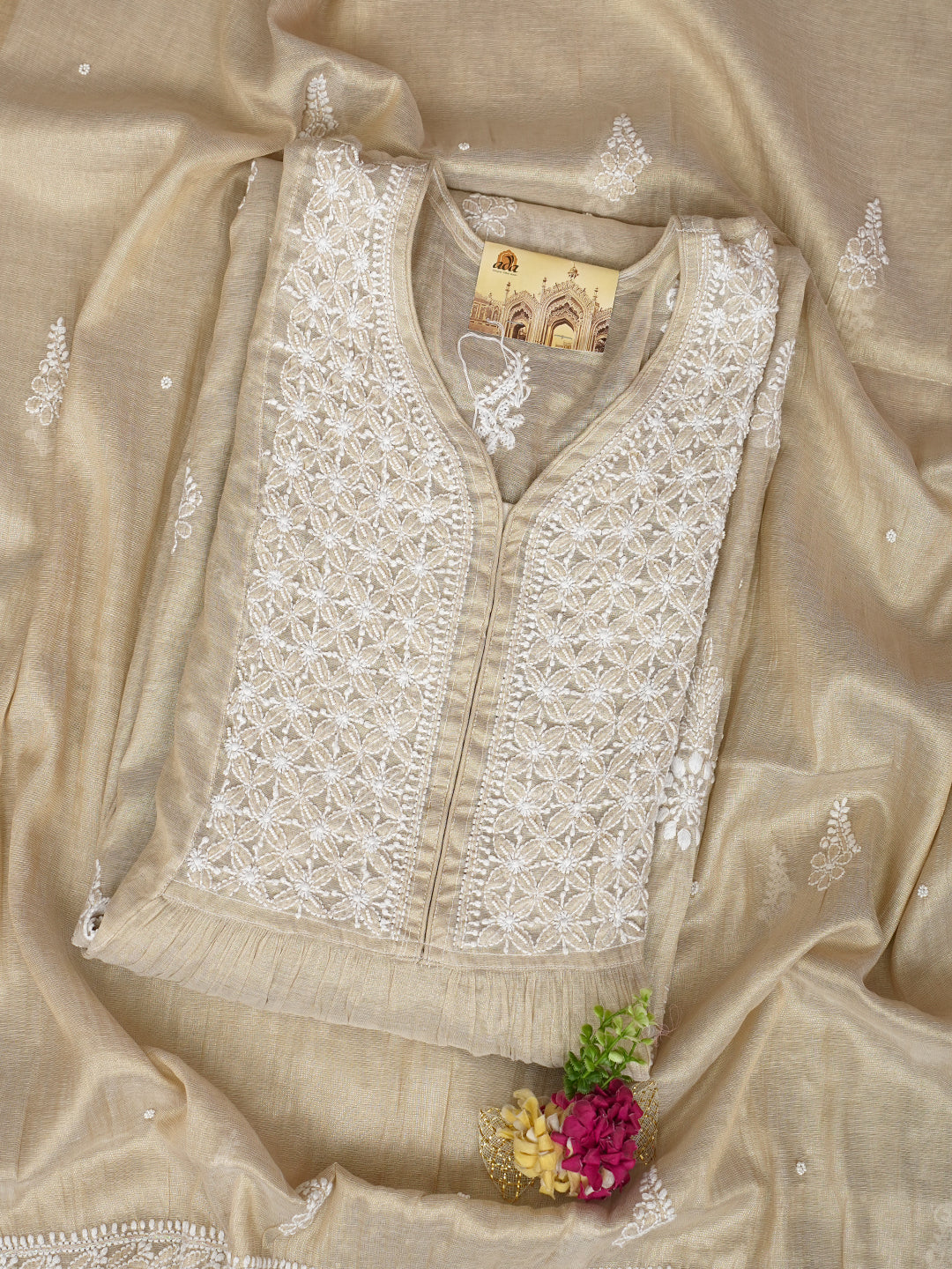 Ada Hand Embroidered Fawn Tissue Lucknowi Chikankari Semi-Stitched Kurta Dupatta set with Pearl & Cutdana Work 01A990614
