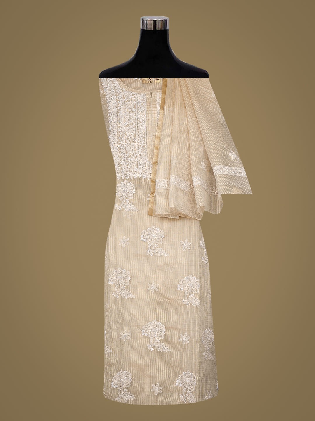 Ada Hand Embroidered Fawn Tissue Lucknowi Chikankari Semi-Stitched Suit Piece_2