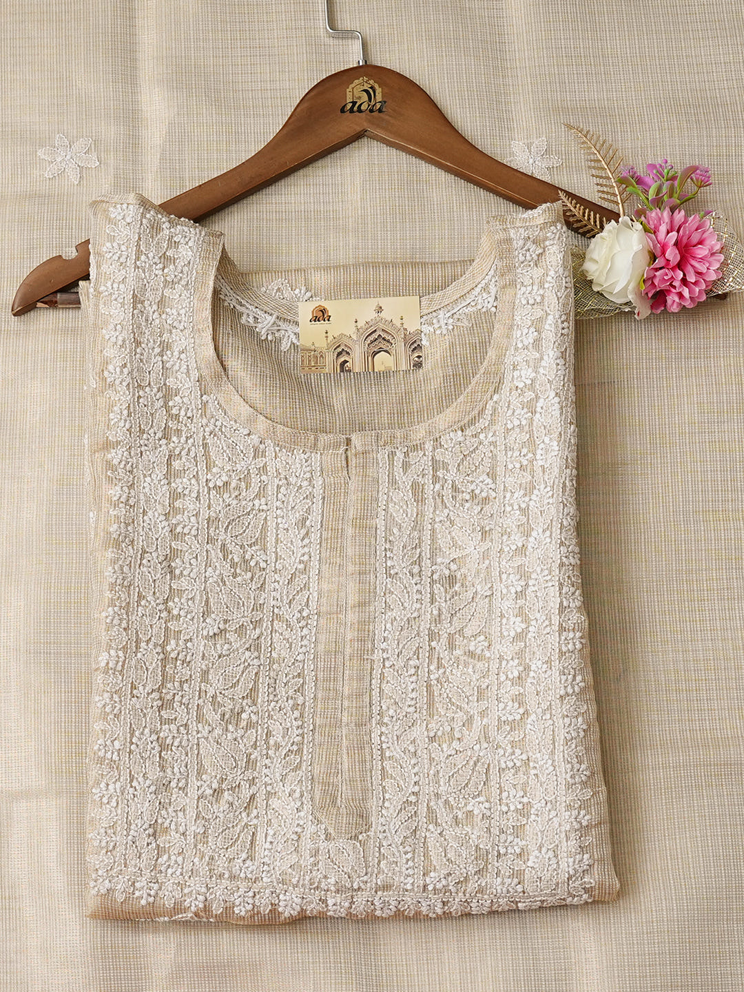 Ada Hand Embroidered Fawn Tissue Lucknowi Chikankari Semi-Stitched Suit Piece_1