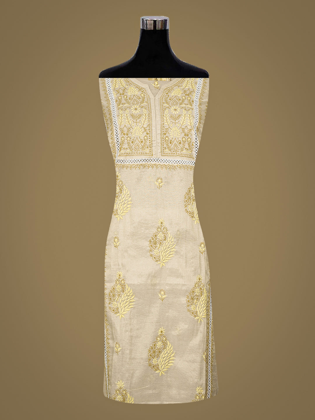 Ada Hand Embroidered Fawn Tissue Lucknowi Chikankari Semi-stitched Kurta Dupatta Set 07A502390