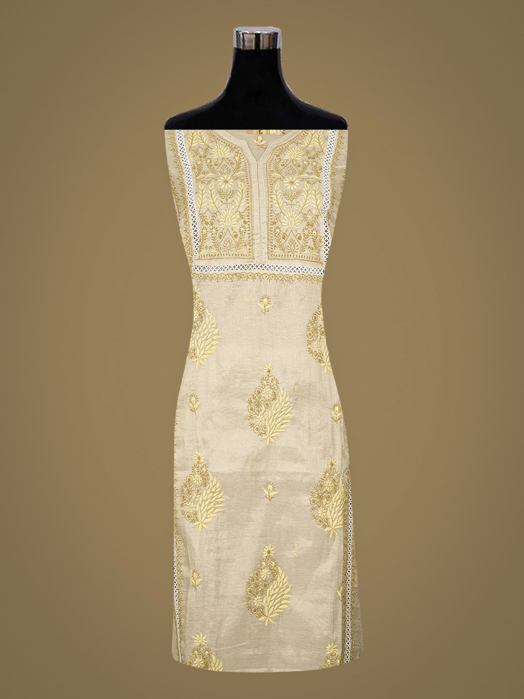 Ada Hand Embroidered Fawn Tissue Lucknowi Chikankari Semi-stitched Kurta Dupatta set 07A502390