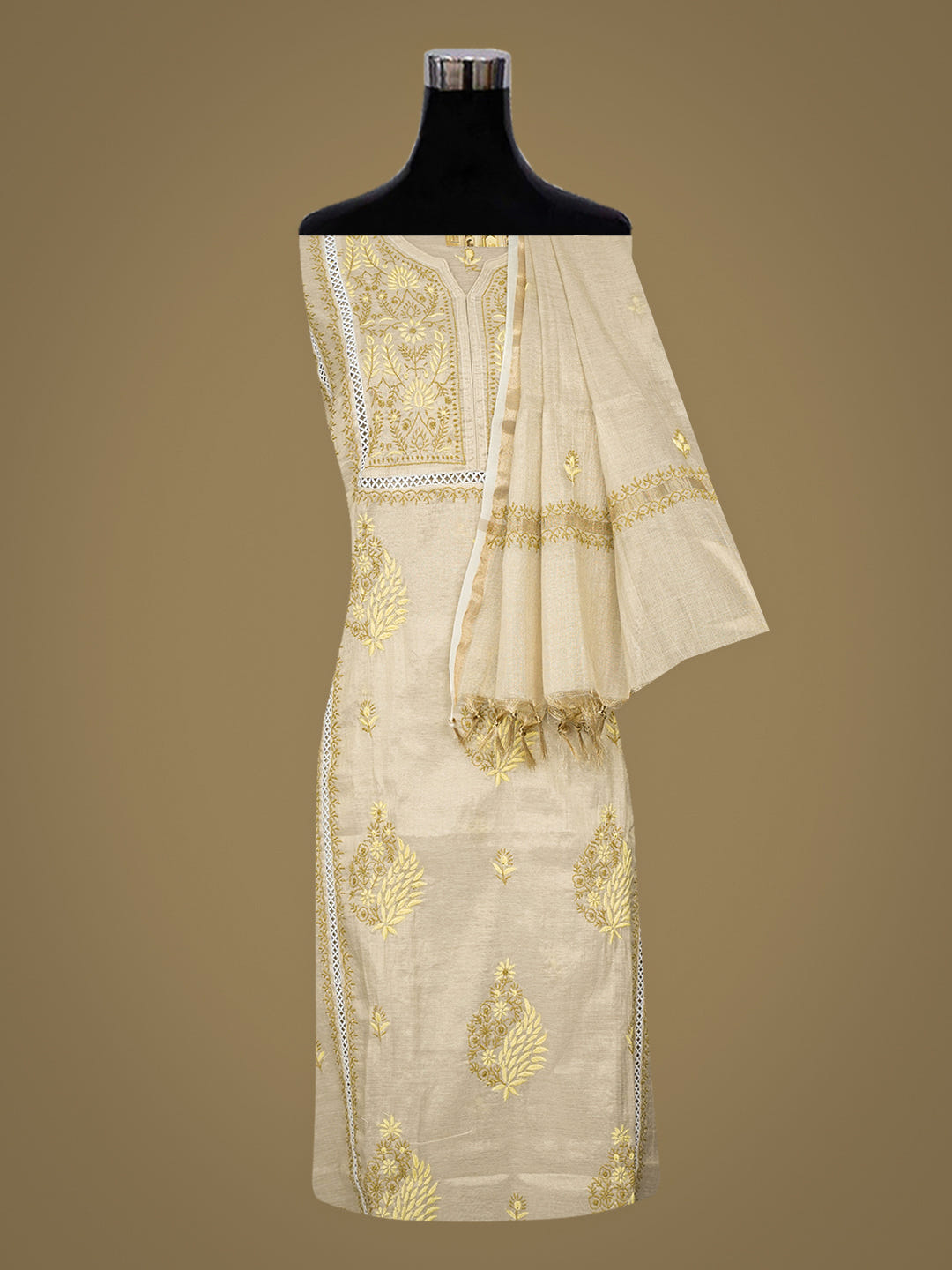 Ada Hand Embroidered Fawn Tissue Lucknowi Chikankari Semi-stitched Kurta Dupatta Set 07A502390