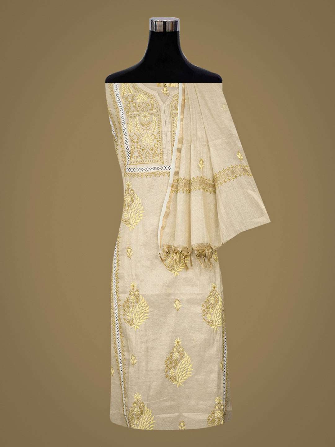 Ada Hand Embroidered Fawn Tissue Lucknowi Chikankari Semi-stitched Kurta Dupatta set 07A502390