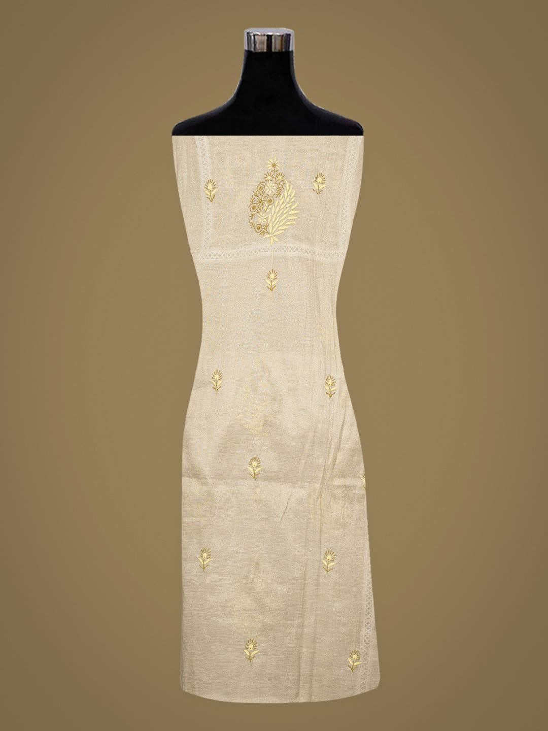 Ada Hand Embroidered Fawn Tissue Lucknowi Chikankari Semi-stitched Kurta Dupatta Set 07A502390