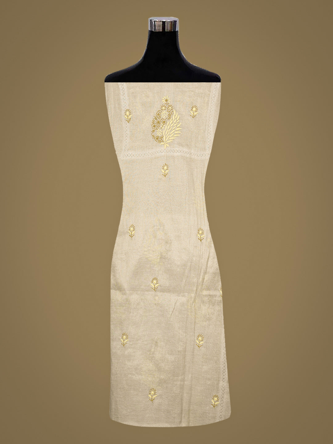 Ada Hand Embroidered Fawn Tissue Lucknowi Chikankari Semi-stitched Kurta Dupatta set 07A502390