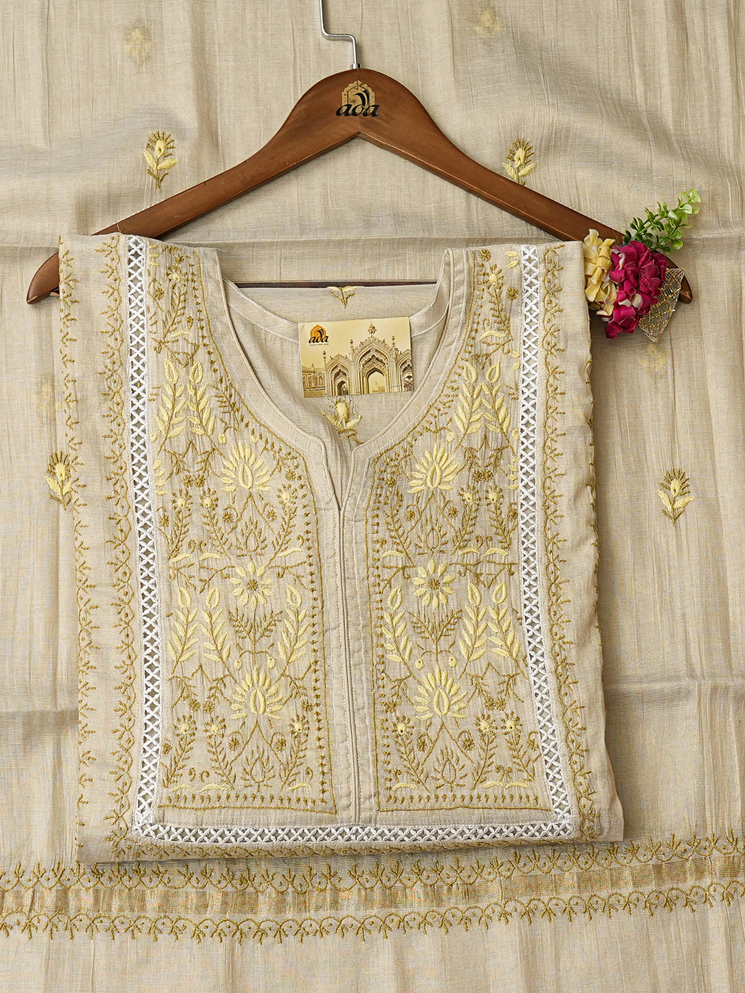 Ada Hand Embroidered Fawn Tissue Lucknowi Chikankari Semi-stitched Kurta Dupatta set 07A502390