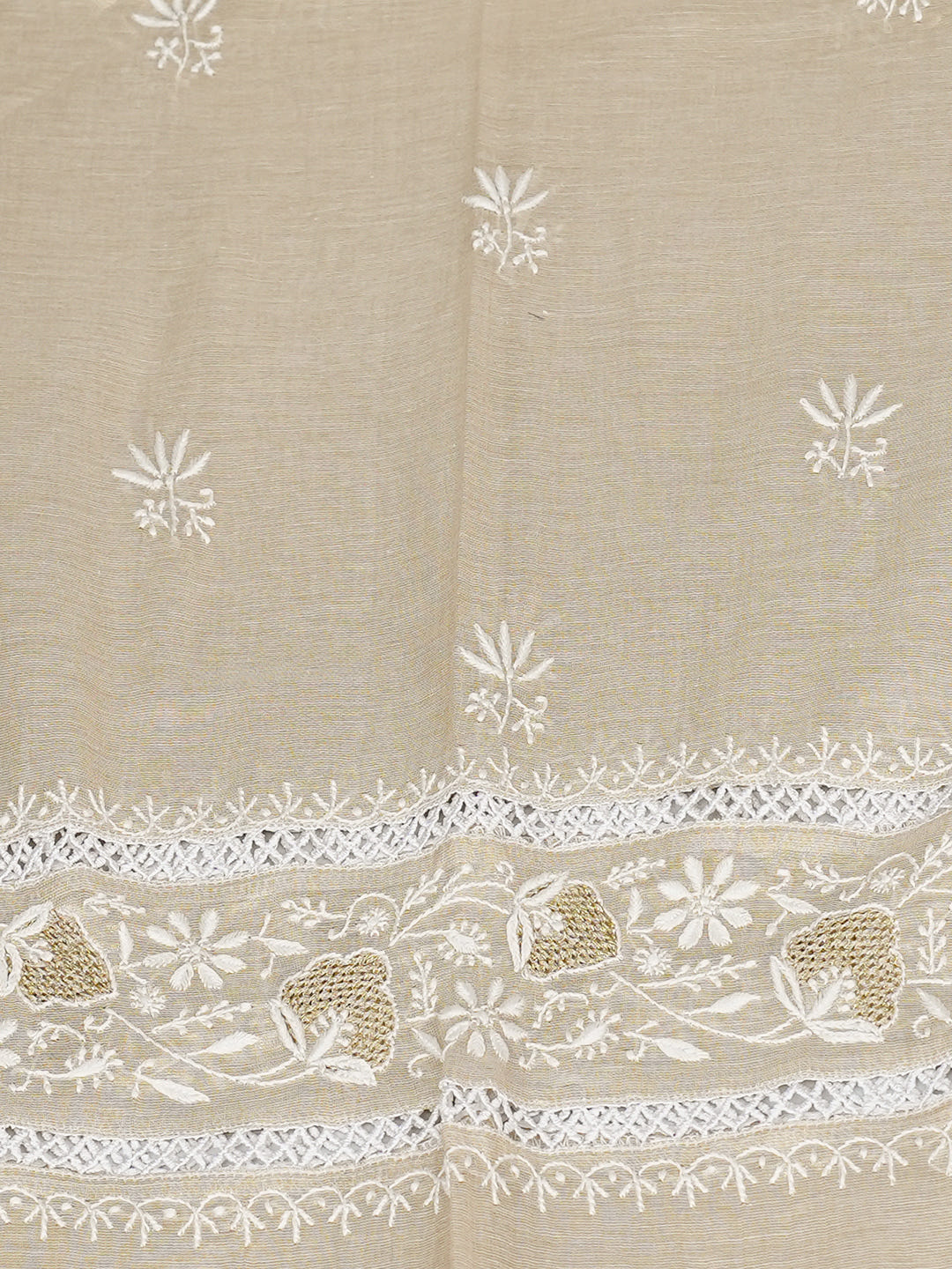 Ada Hand Embroidered Fawn Tissue Lucknowi Chikankari Semi Stitched A-Line Kurta Dupatta Set with Cutdana Work 07A502395