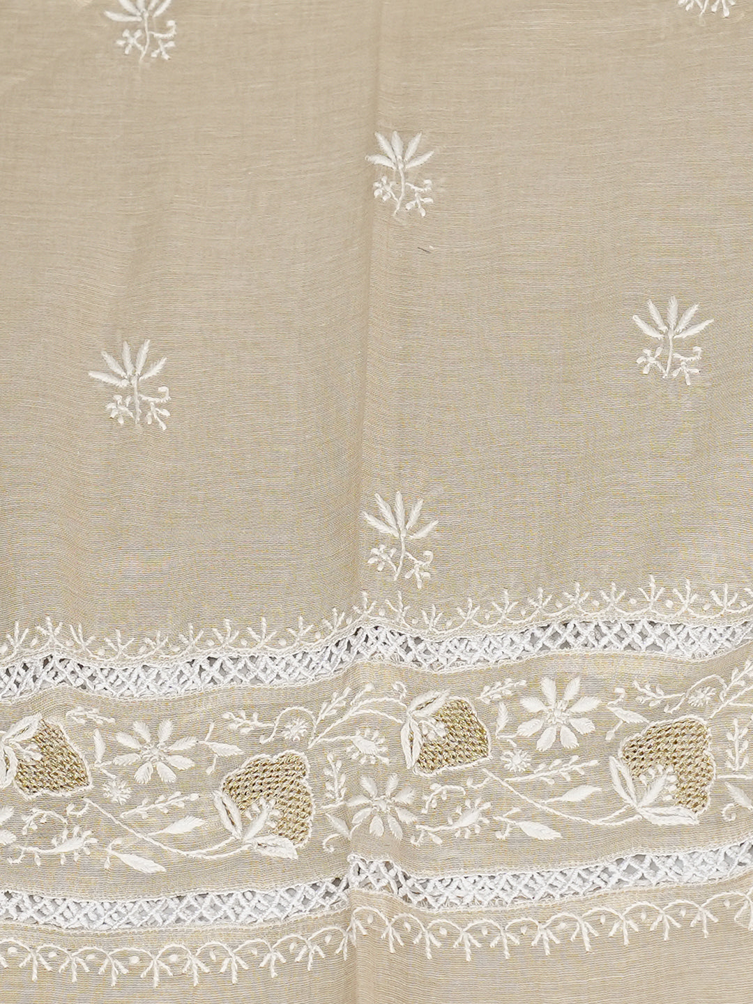 Ada Hand Embroidered Fawn Tissue Lucknowi Chikankari Semi Stitched A-Line Kurta Dupatta Set with Cutdana Work 07A502395
