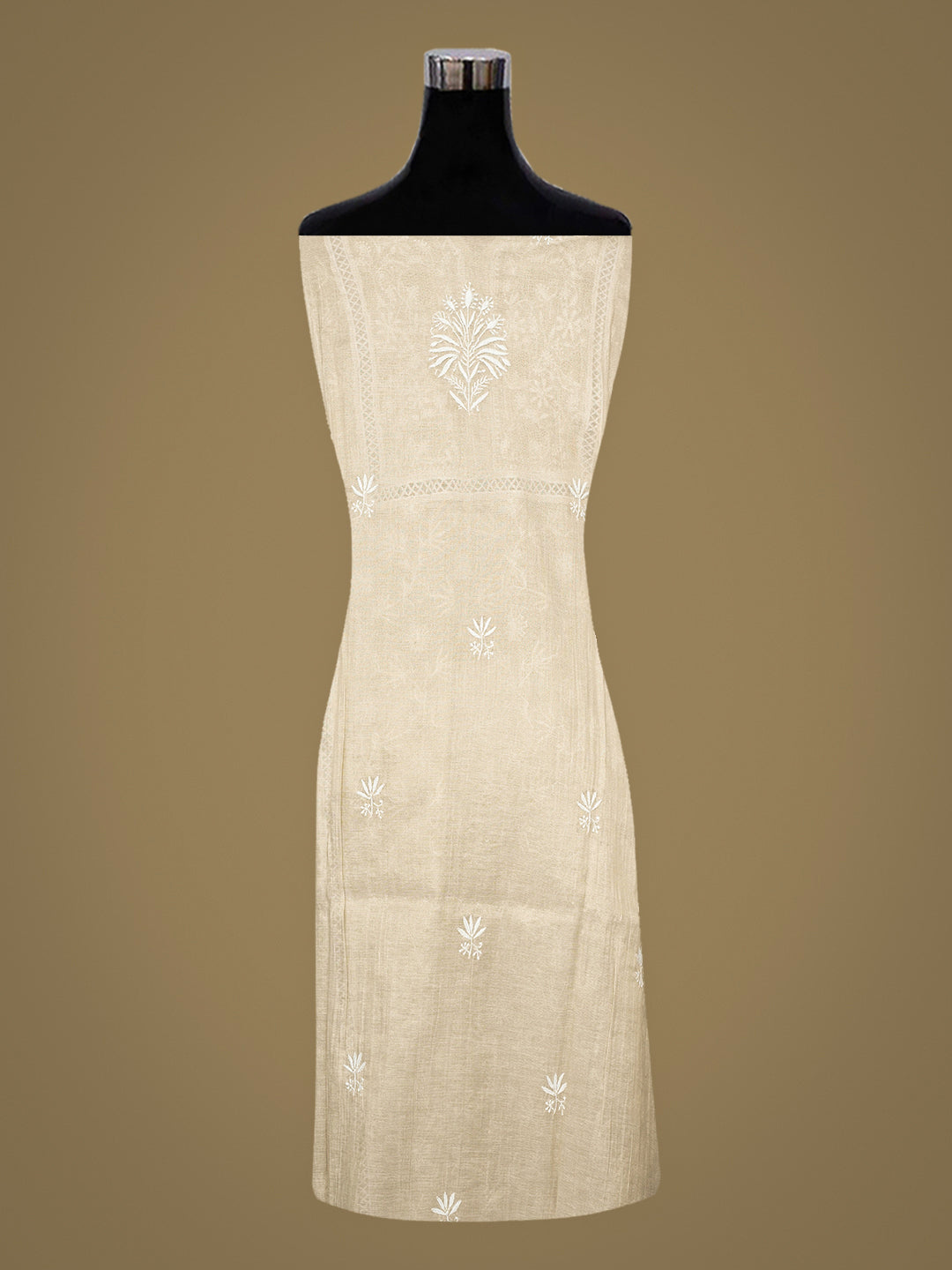 Ada Hand Embroidered Fawn Tissue Lucknowi Chikankari Semi Stitched A-Line Kurta Dupatta Set with Cutdana Work 07A502395