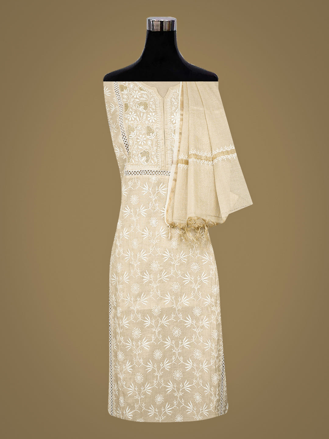 Ada Hand Embroidered Fawn Tissue Lucknowi Chikankari Semi Stitched A-Line Kurta Dupatta Set with Cutdana Work 07A502395