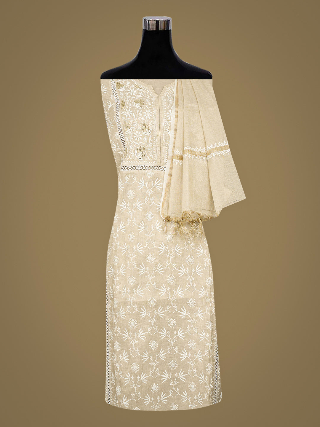 Ada Hand Embroidered Fawn Tissue Lucknowi Chikankari Semi Stitched A-Line Kurta Dupatta Set with Cutdana Work 07A502395