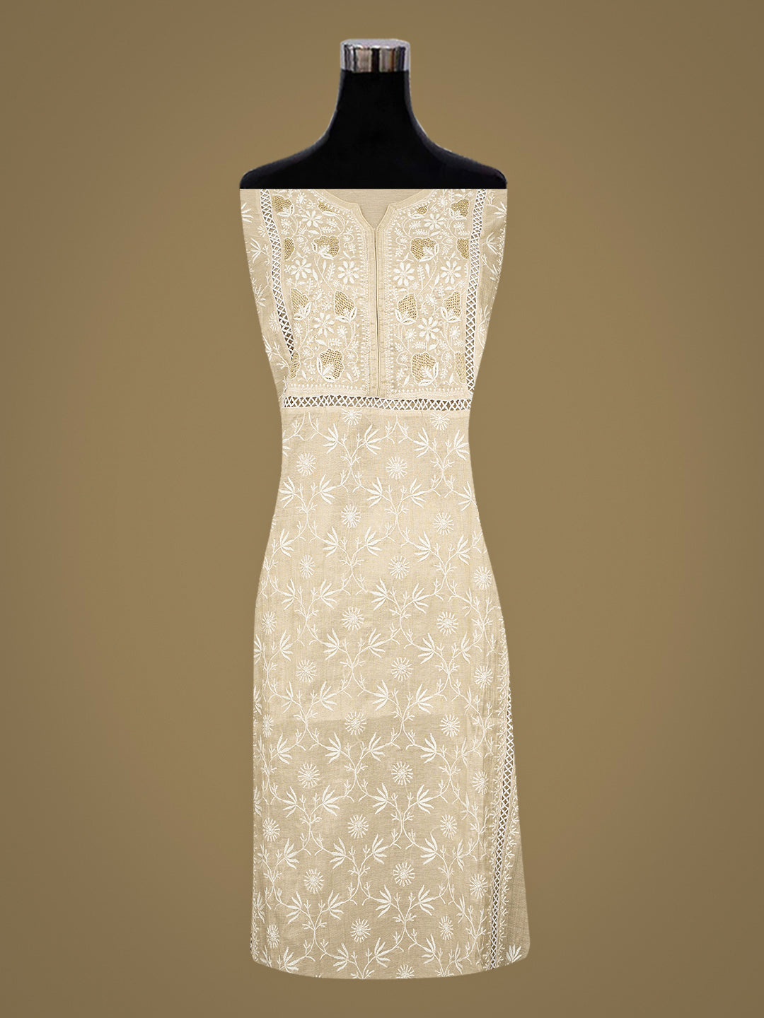 Ada Hand Embroidered Fawn Tissue Lucknowi Chikankari Semi Stitched A-Line Kurta Dupatta Set with Cutdana Work 07A502395